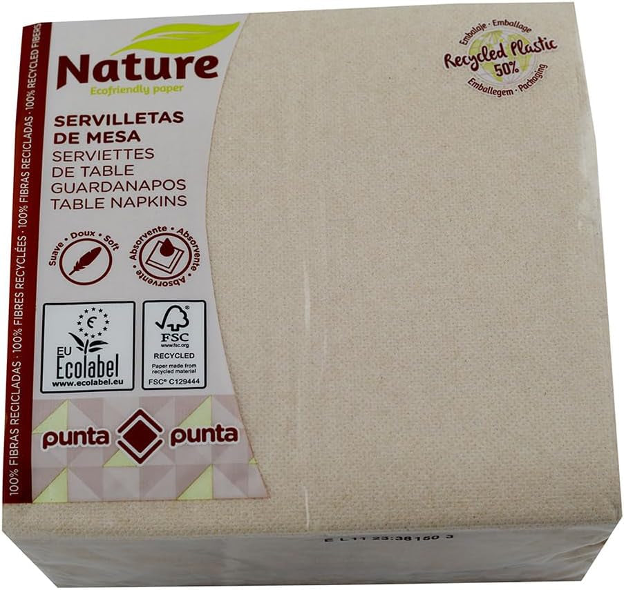 Serviettes en papier recyclé, 2 épaisseurs, écologiques, 100% fibres recyclées, packaging 50% plastique recyclé, 33 X 33 Cm.