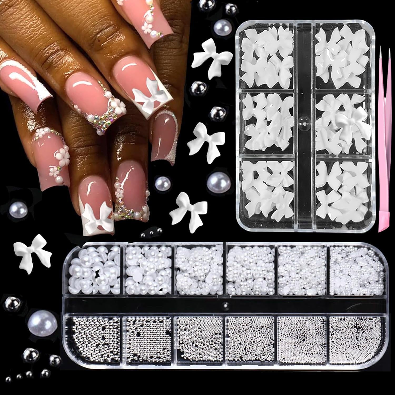 GZMAYUEN 920 pièces perles à dos plat or argent pour ongles, perles à ongles demi-brun blanc beige, petites perles à dos plat demi-brun pour décoration d'art d'ongle bricolage