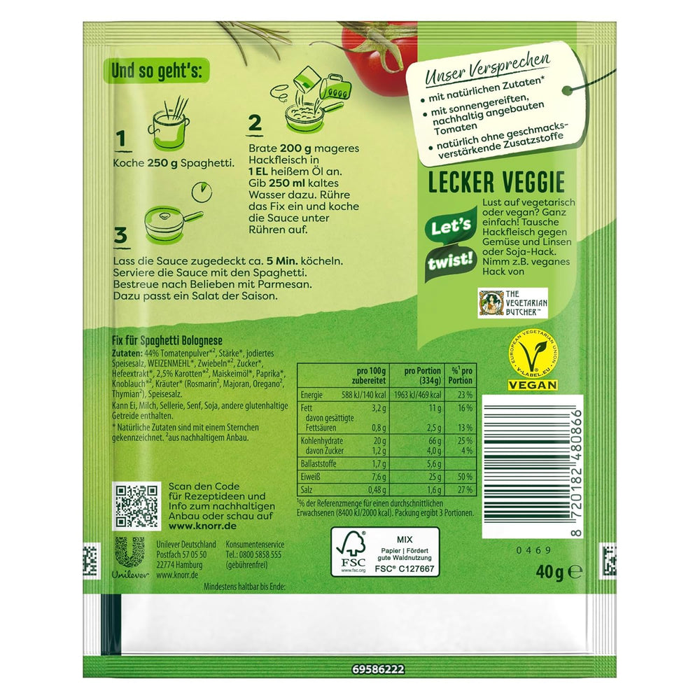 Knorr Fix Würzmischung Spaghetti Bolognese pour un délicieux plat de nouilles avec des ingrédients naturels 40 g