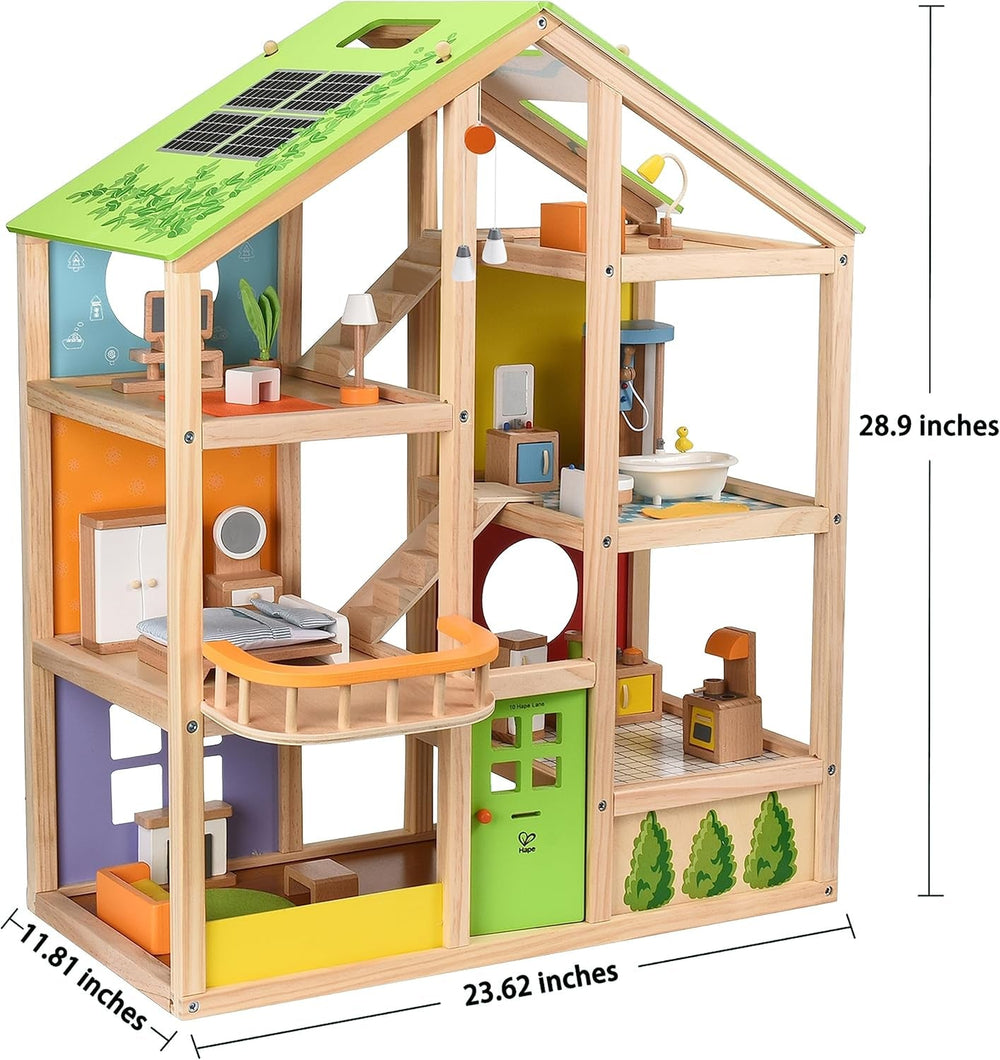 Hape Four Seasons Wooden Doll's House Maison de poupée primée à trois étages avec meubles, accessoires, escaliers mobiles et toit réversible pour chaque saison Maisons de poupées Naty Shop