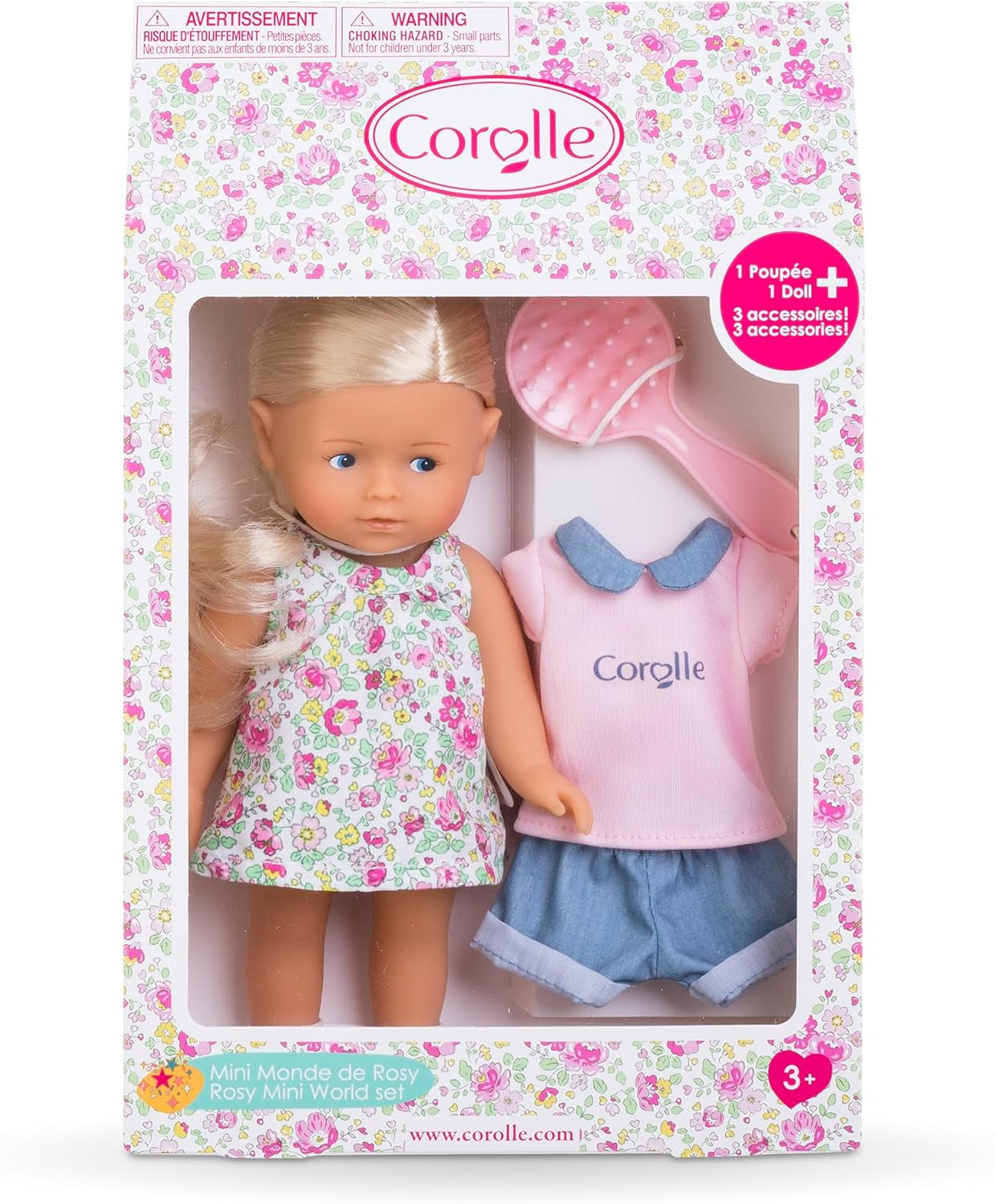 Les Trendies Corolline Rosy Miniwelt Set, Vollvinylpuppe mit langem Haar, Bürste, extra Outfit in Geschenkbox, 4 Teile, Vanilleduft, 20cm, ab 3 Jahren