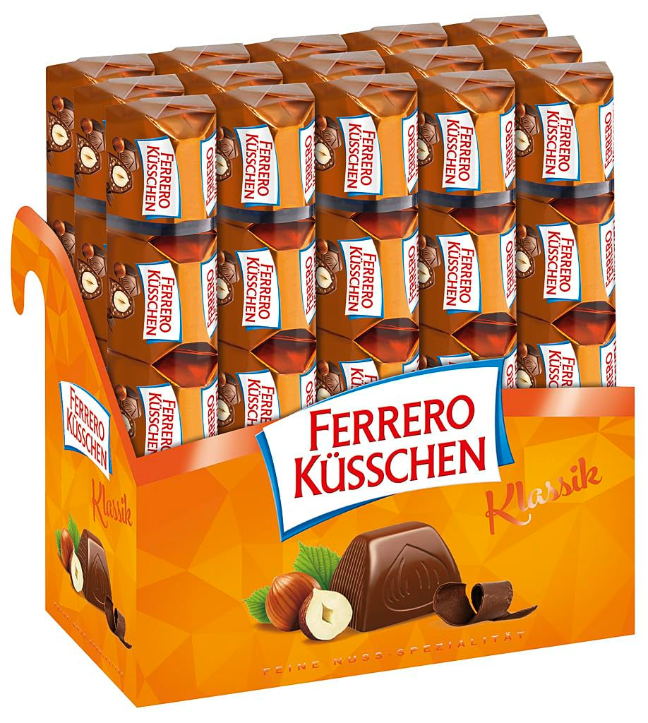 Ferrero Küsschen White Crispy - Cadeau de Saint-Valentin pour elle et lui - Noisettes grillées croustillantes à la crème légère avec éclats croustillants, enrobées de chocolat blanc, 1 paquet de 20 pralines individuelles