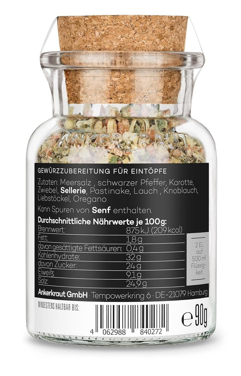 Ankerkraut Eintopf, Linsen, Beans and Gemüse, Gewürz-Mischung, Vielfalt für jeden Gesmack, ohne Gesmackverstärker, lecker schmecker, 90 g dans un verre en liège