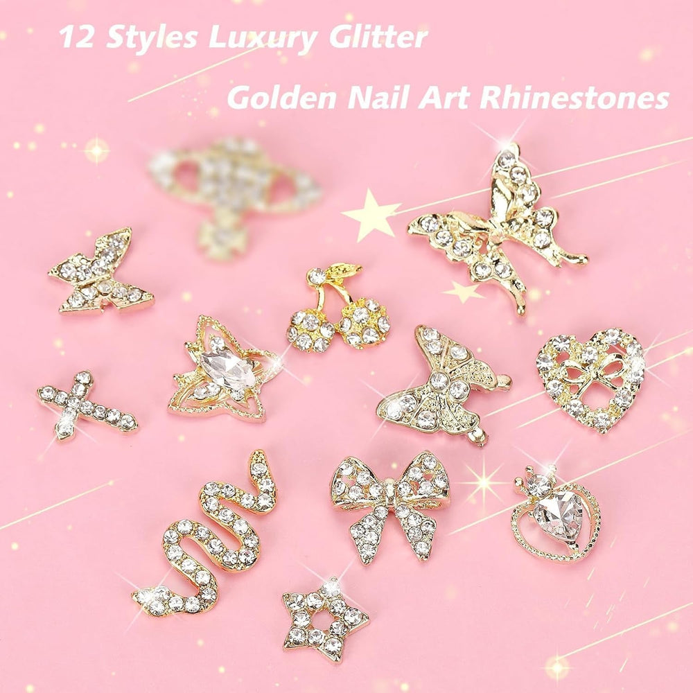24 pièces Nagel-Charms, Y2K-Legierung, Nail Art, Strass-Charms, 3D-Herz, Schleife, Schmetterling, Charm Mit Strasssteinen, Kirsch-Nagel-Edelsteinen, Glänzender Schmuck