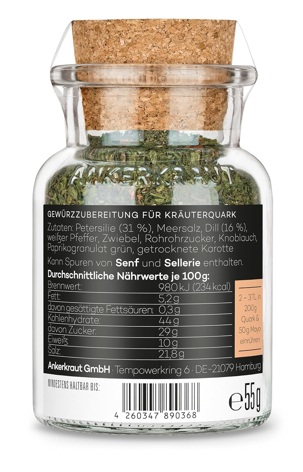 Ankerkraut Kräuterquark Dip, Gewürzmischung für Quark, Ohne Geschmacksverstärker, Premium Qualität, Alternative Joghurt und Soja-Quark, Aufstrich selber machen, 55 g im Korkenglas