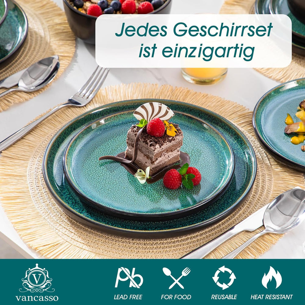 Service de table pour 6 personnes Vancasso PLAYA Service de table en grès 24 pièces pour 6 personnes Vert comprenant assiettes, assiettes Suma, bols et assiettes à salade Passe au lave-vaisselle et au micro-ondes