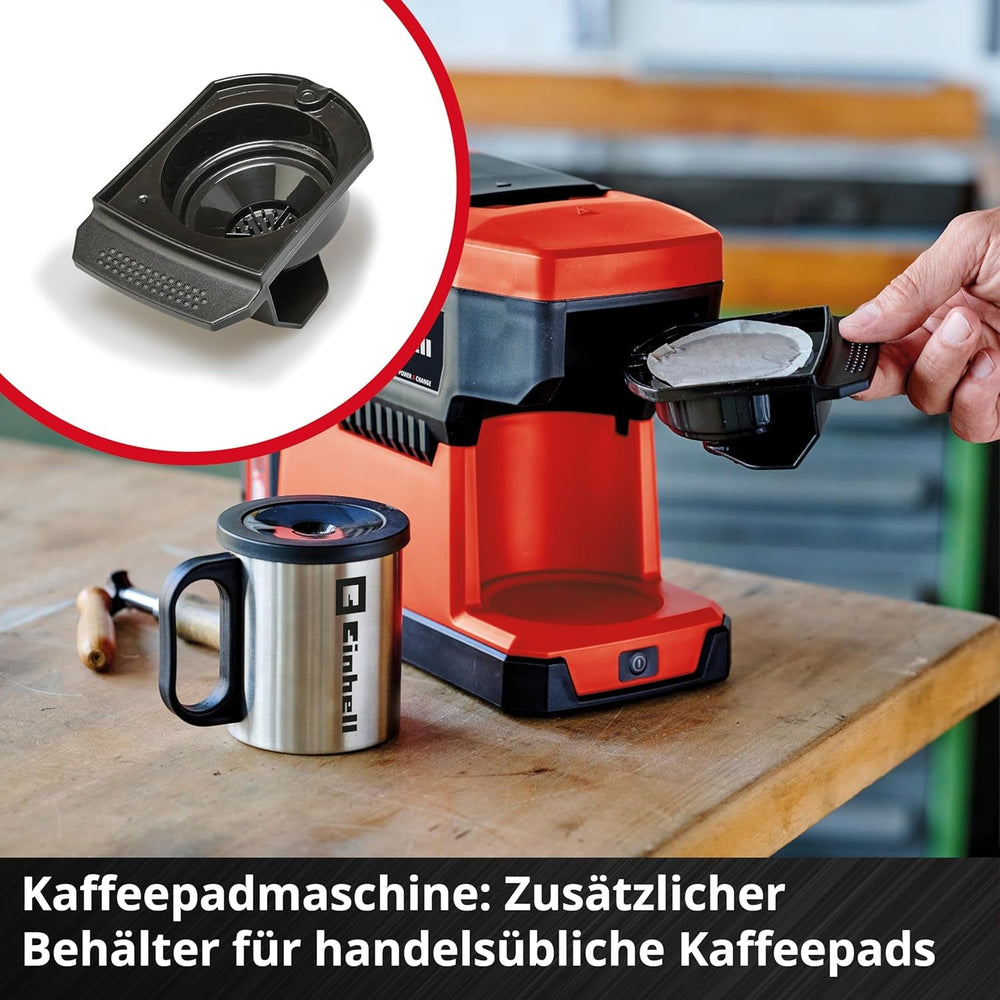 Machine à expresso sans fil Einhell TE-CF 18 Li-Solo Power X-Change (18 V, réservoir d'eau 240 ml, pour café filtre et capsules de café, poignée de transport, avec tasse à café avec couvercle, sans batterie)