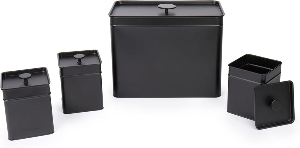 Salter BW12614EU7 Set de cutii de depozitare Kuro - 4 recipiente de bucătărie, pâine/ceai/cafea/zahăr, cutii pătrate de organizare, ușor de curățat, păstrează alimentele proaspete, negru Cutii depozitare alimente Naty Shop