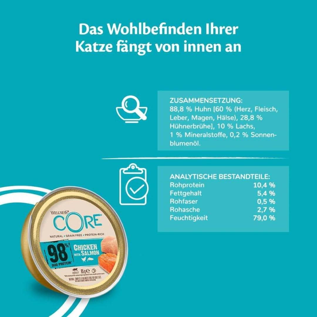 Wellness CORE 98% 12 x 85g, Pui și Somon – Hrană umedă pentru pisici, pate gros, fără cereale, naturală, hipoalergenică, bogată în proteine, conținut ridicat de carne