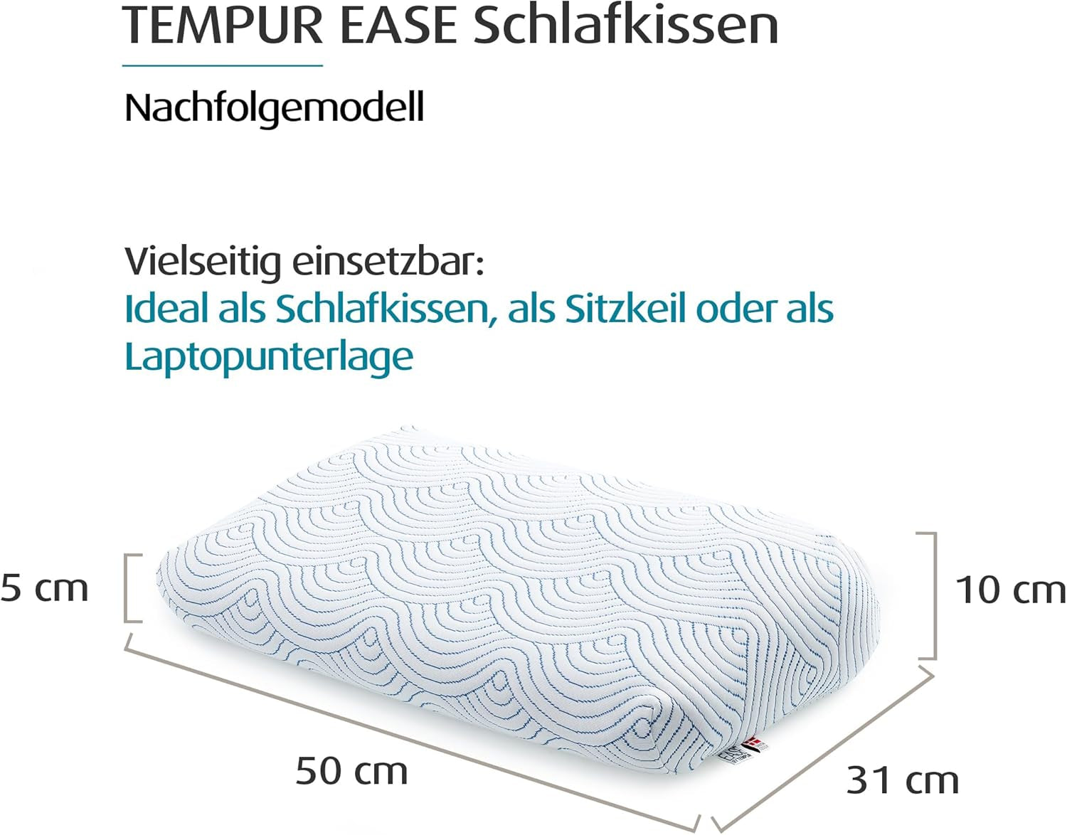 Oreiller de couchage en mousse à mémoire de forme TEMPUR EASE, oreiller ergonomique de soutien du cou pour toute position de sommeil, soutien ferme, 50 X 31 X 10/5 cm, blanc Naty Shop Oreillers standard