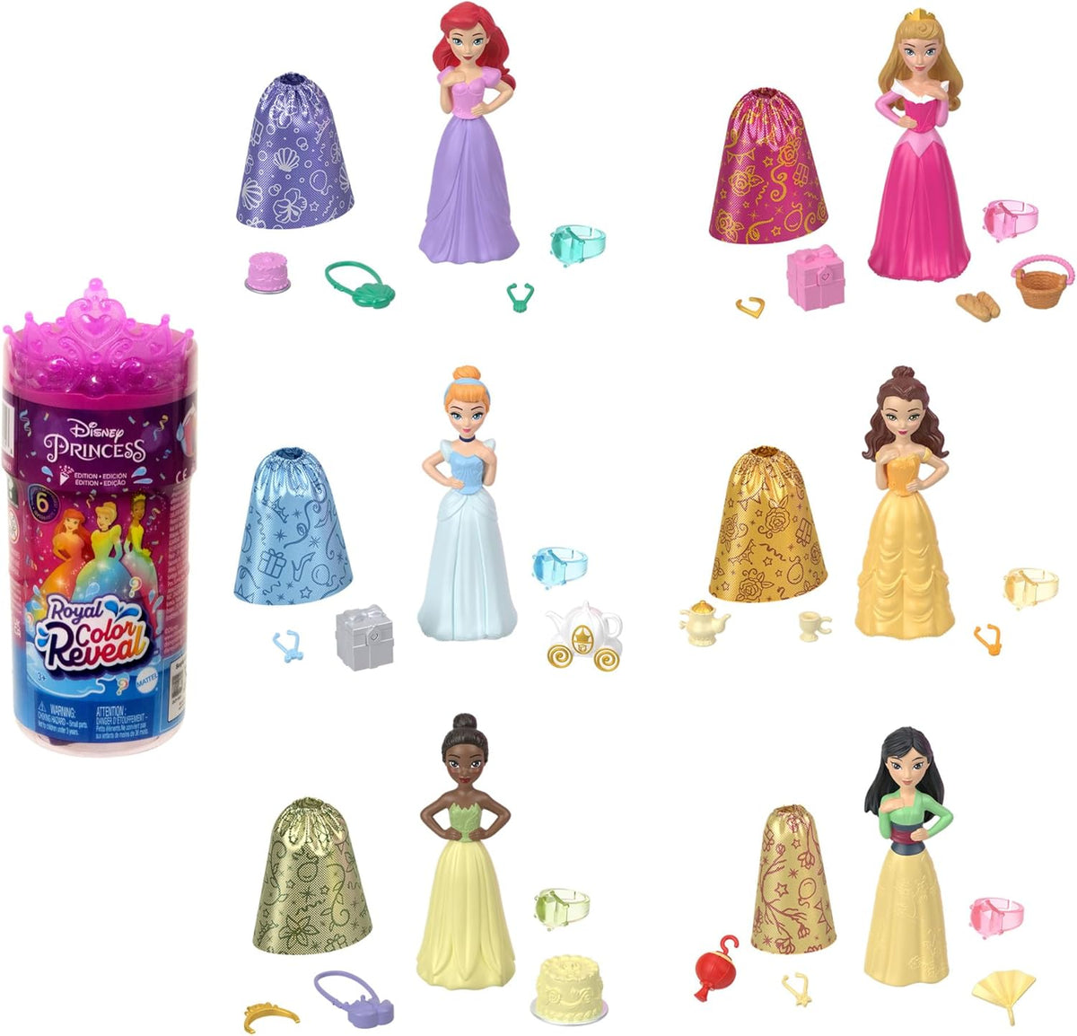 Disney Princess Color Reveal - 6 poupées surprises activées par l'eau, accessoires, pour enfants à partir de 3 ans, Ariel, Tiana, Mulan, Cendrillon, Belle, Aurora, HPX39