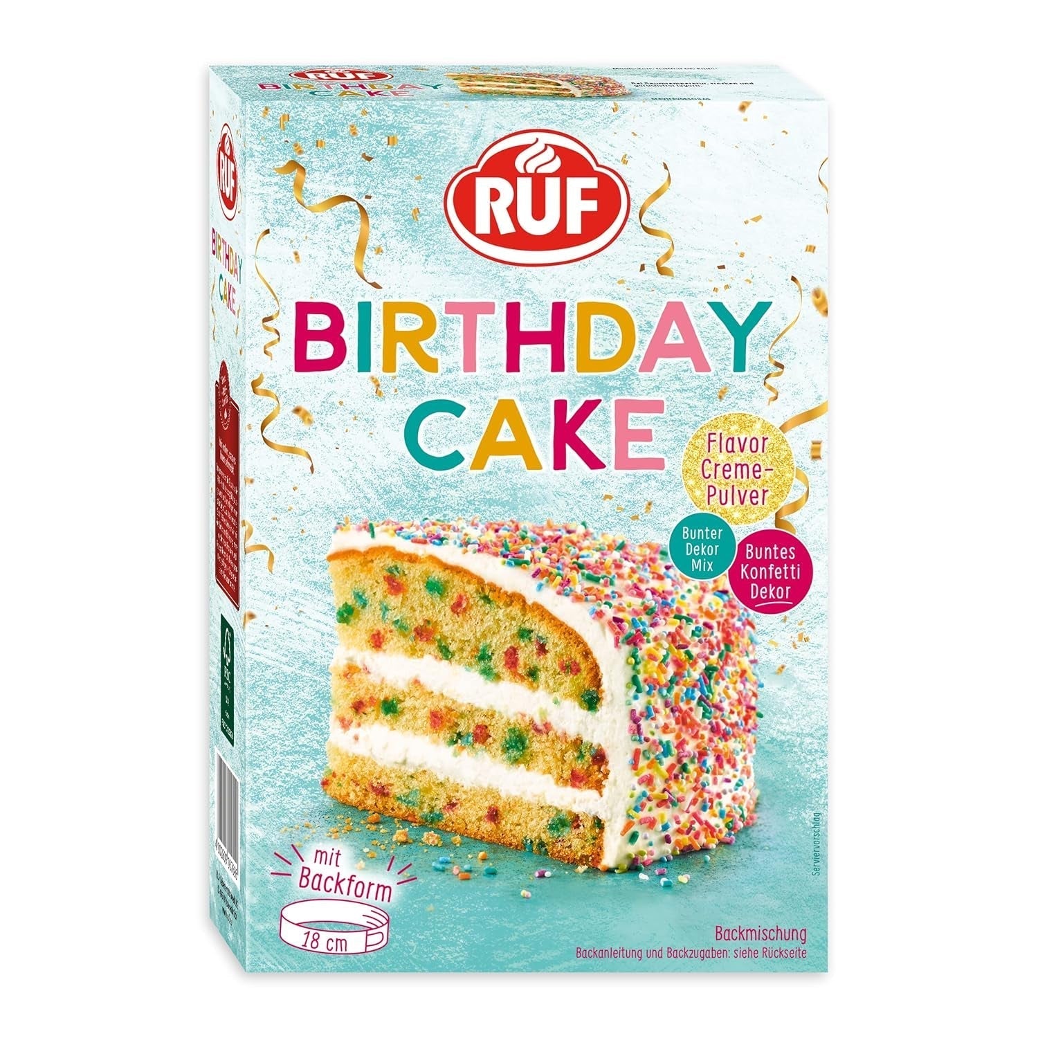 RUF Birthday Cake, Geburtstagskuchen, Schicht-Torte Aus Rührteig Und Konfetti-Streusel, Tortencreme Und Buntem Dekor-Mix, Für Kindergeburtstag, Familienfeier, Einschulung, 1X425G Glaçages et Décor Naty Shop 425 G (1Er Pack)