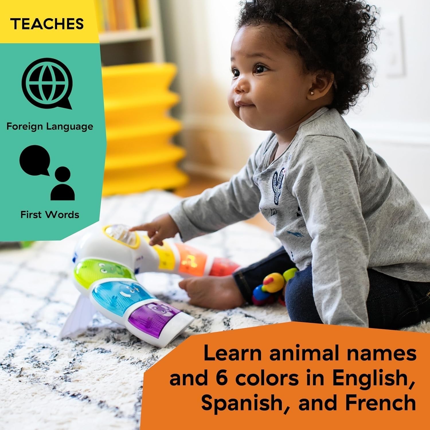 Baby Einstein, Glow & Discover Light Bar, jucărie pentru bebeluși cu lumini, melodii și zornăitor, 3 moduri: animale, culori, xilofon - 3 limbi, cub muzical pentru bebeluși și copii de 3 luni și peste Jucarii Bebe Naty Shop