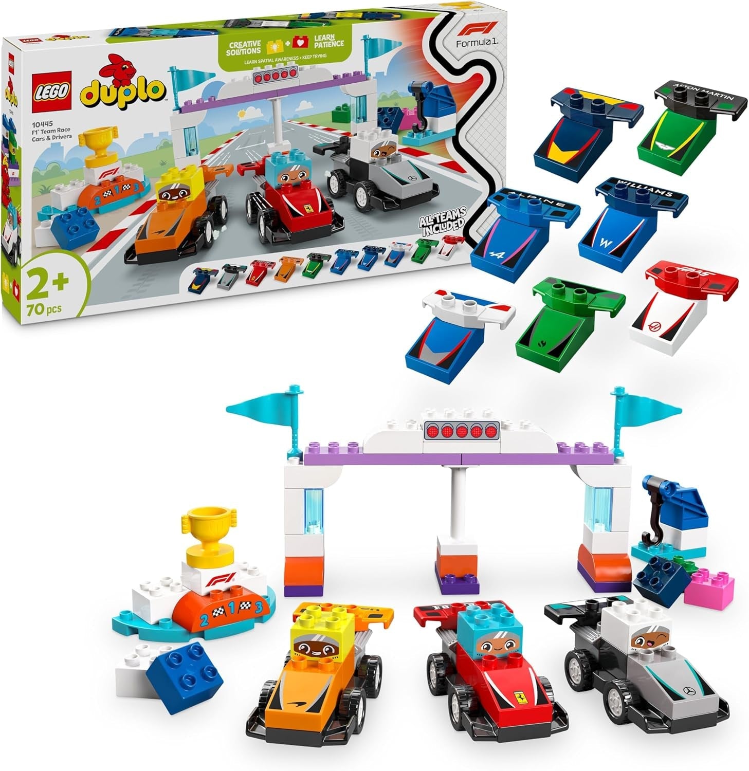LEGO DUPLO Town F1 Team Rennautos mit Rennfahrern - Montessori Spielzeug für Mädchen & Jungen - Lernspielzeug für Kinder ab 2 Jahren - 10 Spielzeug Autos mit Kran, Startlichtern, Siegerpodest - 10445