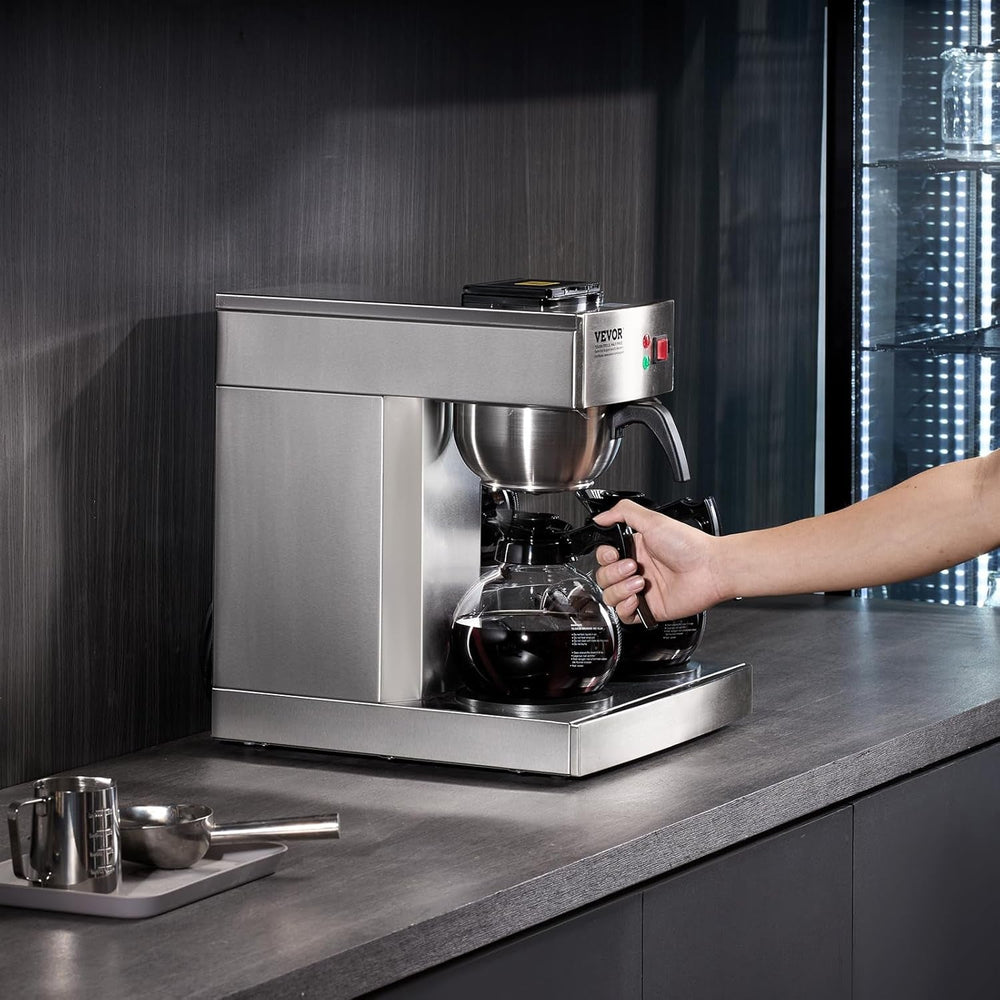 VEVOR Machine à expresso à filtre commerciale de 12 tasses avec 3 carafes en verre et 3 plaques chauffantes Machine à expresso en acier inoxydable avec alimentation en eau automatique pour restaurant, bureau, café