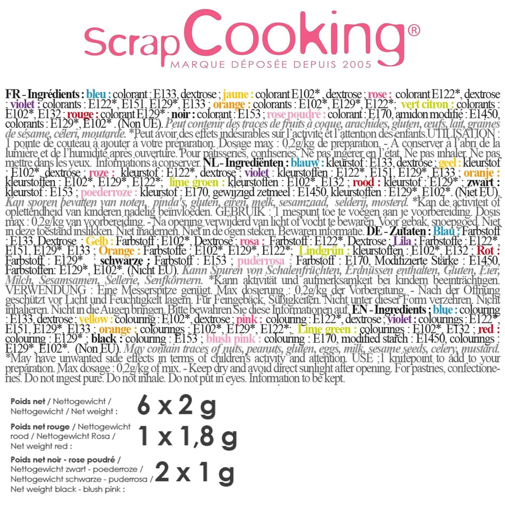 Scrapcooking - Lot de 9 colorants alimentaires en poudre - Bleu, Jaune, Rose, Violet, Orange, Vert anis, Rouge, Rose poudré, Noir - Colorant en poudre comestible pour gâteaux, muffins, macarons - 4270