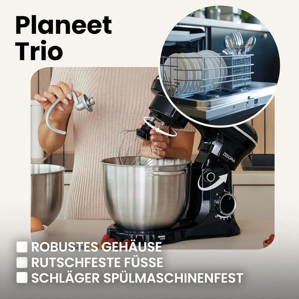 Robot planétaire ZEEGMA PLANEET TRIO, 1500 W, machine de cuisine multifonction avec 3 brûleurs 4 L, 4,5 L et 5,2 L, 10 vitesses de cuisson, mélangeur avec haken, Schneebesen (noir) Mother and Child Naty Shop