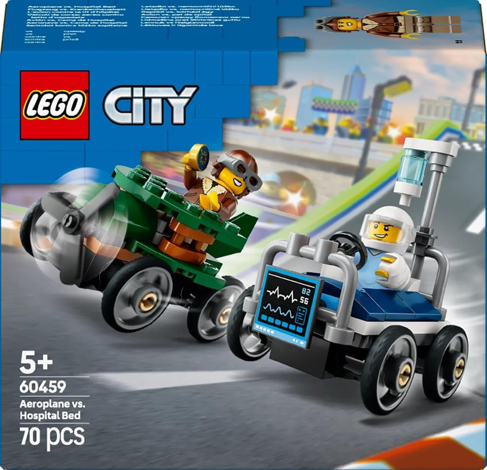 LEGO City Avion contre. Kit de voiture de course avec lit d'hôpital - Boîte à savon pour garçons et filles à partir de 5 ans - Jeu de construction avec 2 figurines - Cadeau d'anniversaire et de vacances 60459 Jeux de construction Besuche den LEGO-Store