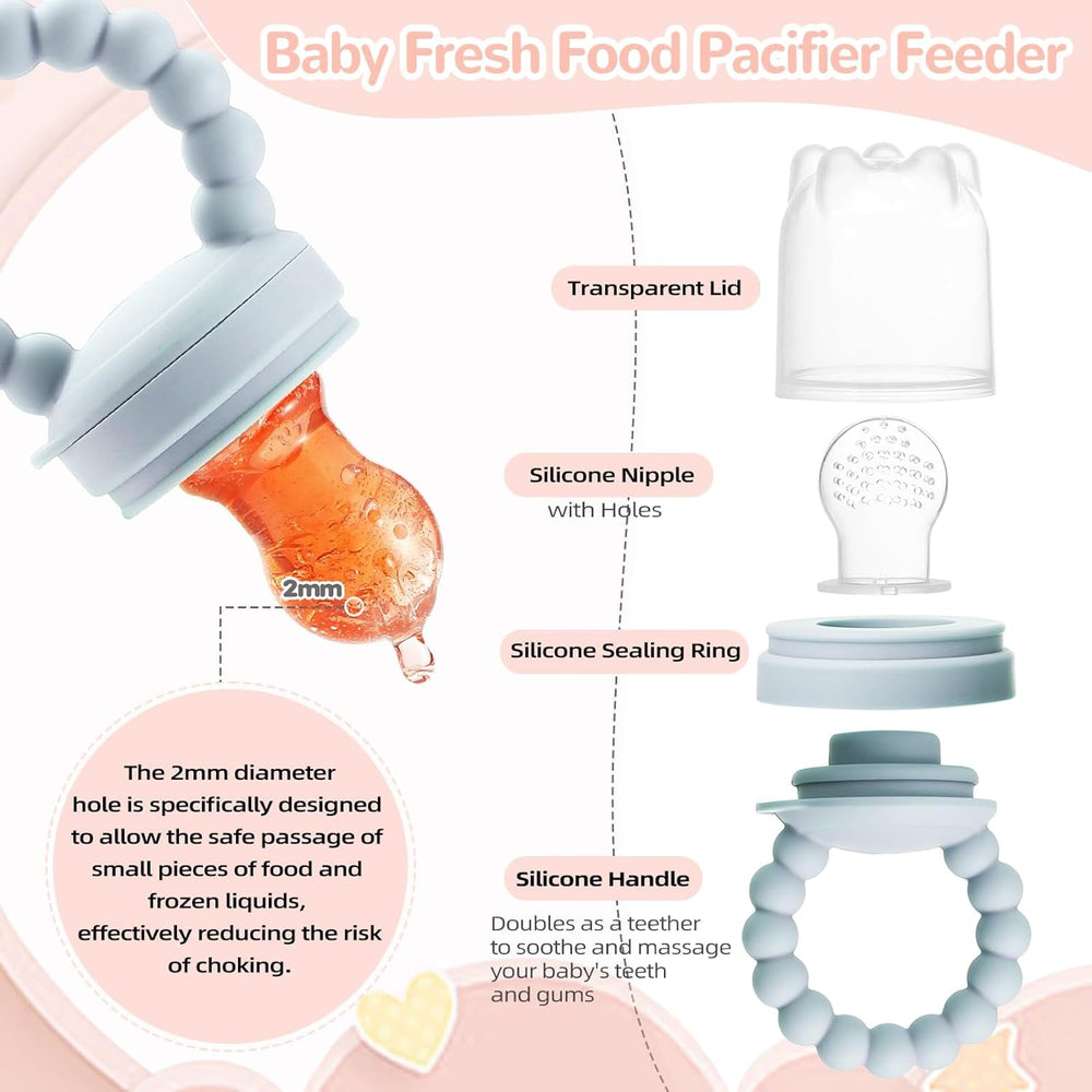 Mangeoire à lait maternel pour bébé, mangeoire à fruits, contient 2 mangeoires à fruits en silicone, stockage des aliments pour bébé, jouet de dentition pour bébé, 5 tétines en silicone en 3 tailles, sans BPA (bleu et rose)