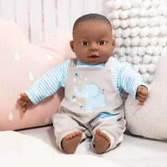 Bayer Design 94001AH Funktionspuppe, Babypuppe Interaktiv, Junge, sprechend, weicher Körper, 40 cm, dunkelhäutig, Blau