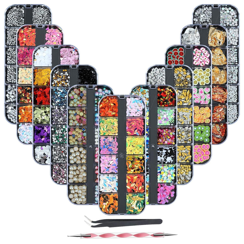8 boîtes Nail Art Strass Kit - Nail Art Gemischt Strass Set, Nagel Kunst Strasssteine ​​​​Gems Perlen Edelsteine ​​​​Bunt Pferdeaugen Strass pour Nageldesign Zubehör Mit 1 Pinzetten et 1 Strass Picker pour DIY