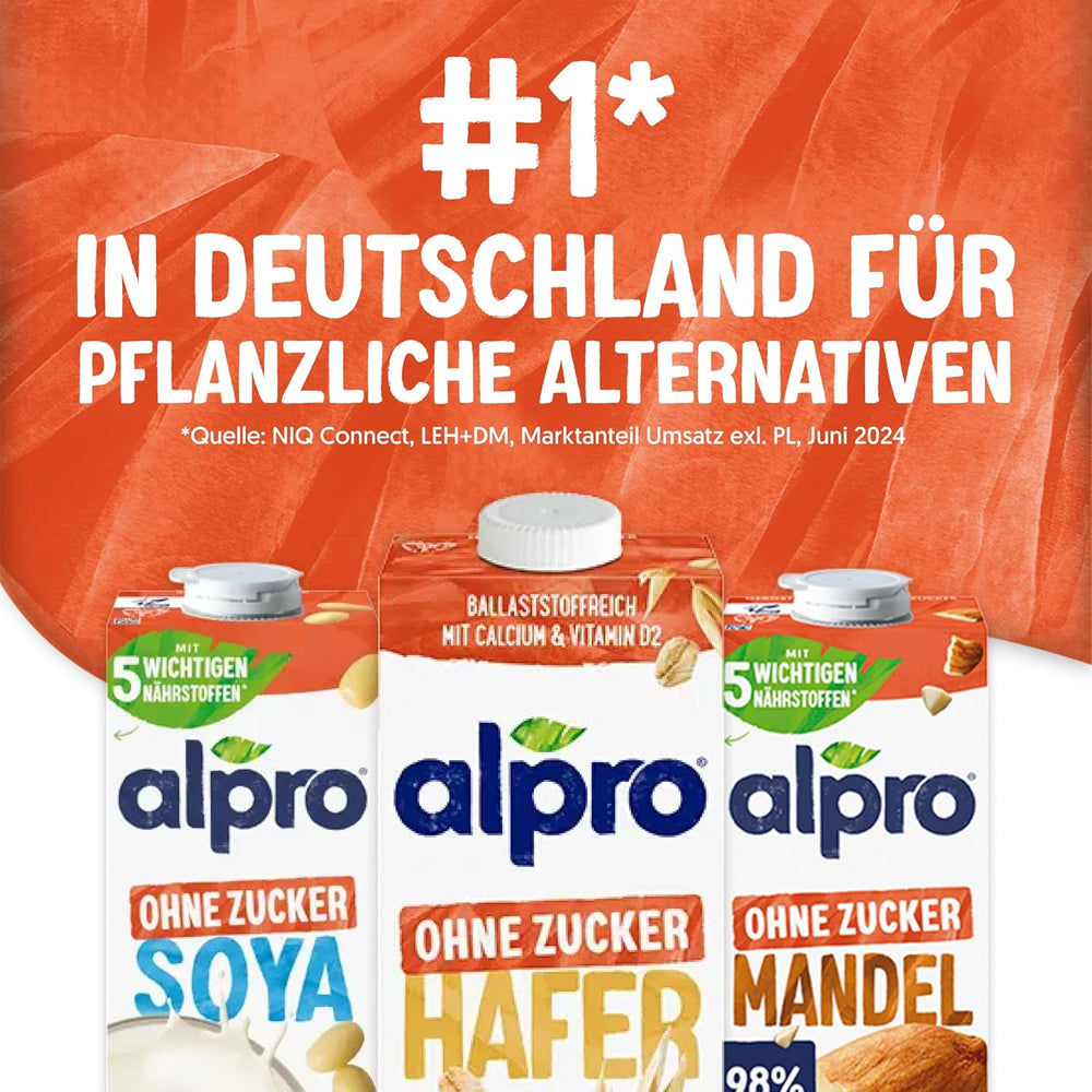 Alpro Haferdrink ohne Zucker – Milchalternative auf Haferbasis – Vegan et sans lactose – Riche en substances de ballast, calcium et vitamines – 8 x 1 L