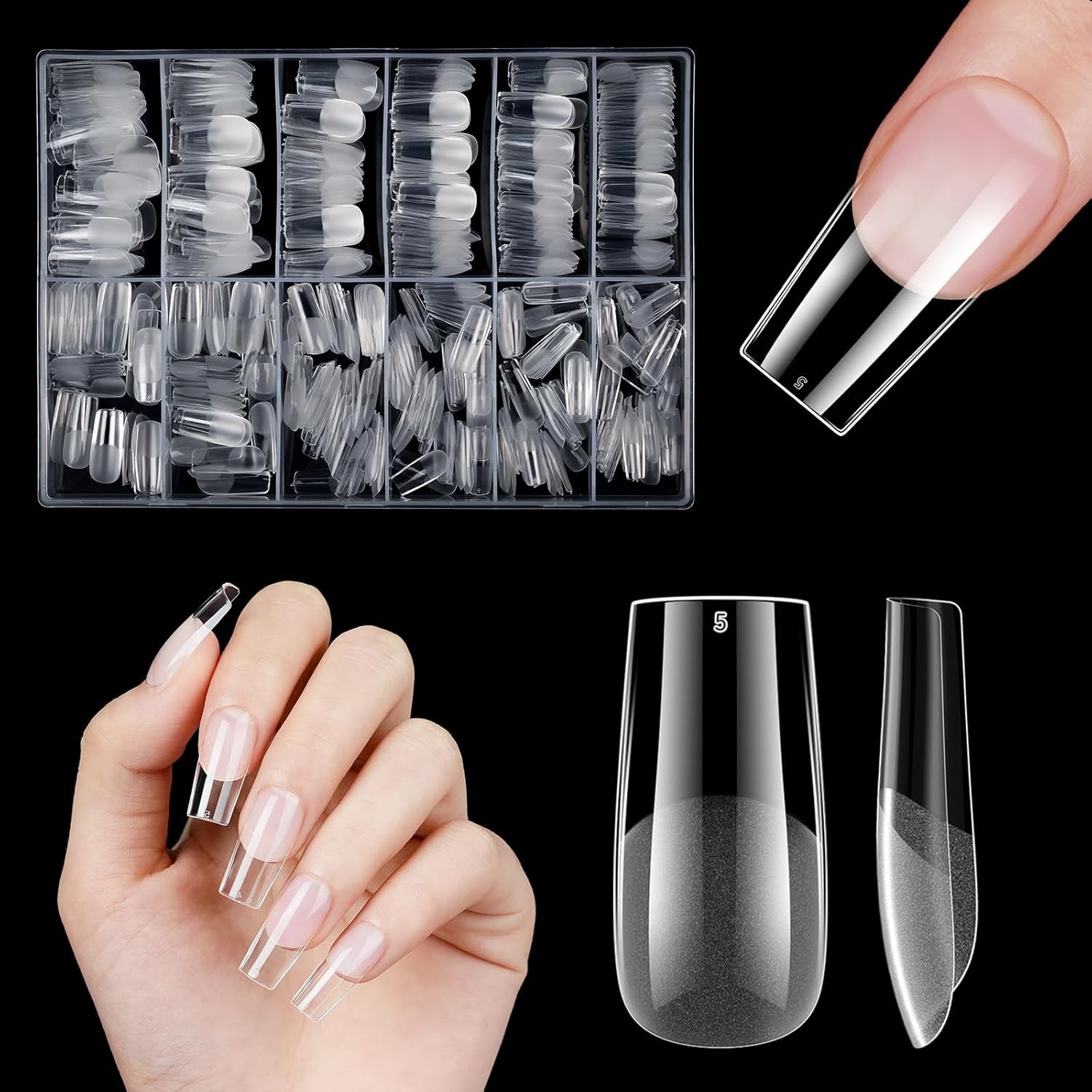 Ongles artificiels courts 500 pièces bouts d'ongles à couverture complète en gel souple pour ongles en gel 12 tailles bouts d'ongles pré-polis pour ongles en gel Ongles artificiels courts Extensions d'ongles de cercueil avec boîte