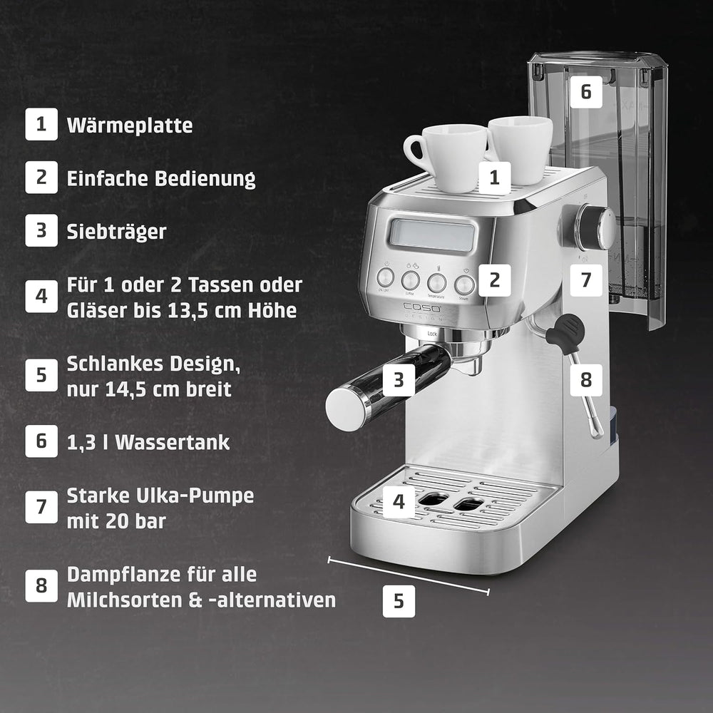 CASO EspressoGourmet Crema - Machine à expresso porte-filtre avec mousseur à lait, expresso, cappuccino, porte-filtre en acier inoxydable, pompe ULKA 20 bars, machine à café, café moulu, capsules ESE
