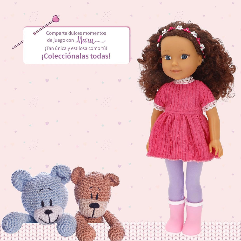 Mara 39361 Kinderpuppe, beweglich, 36 cm, lockiges braunes Haar, lässiger Stil, inklusive Kleidung, realistische Puppen, Spielzeug für Kinder ab 3 Jahren, Kinder