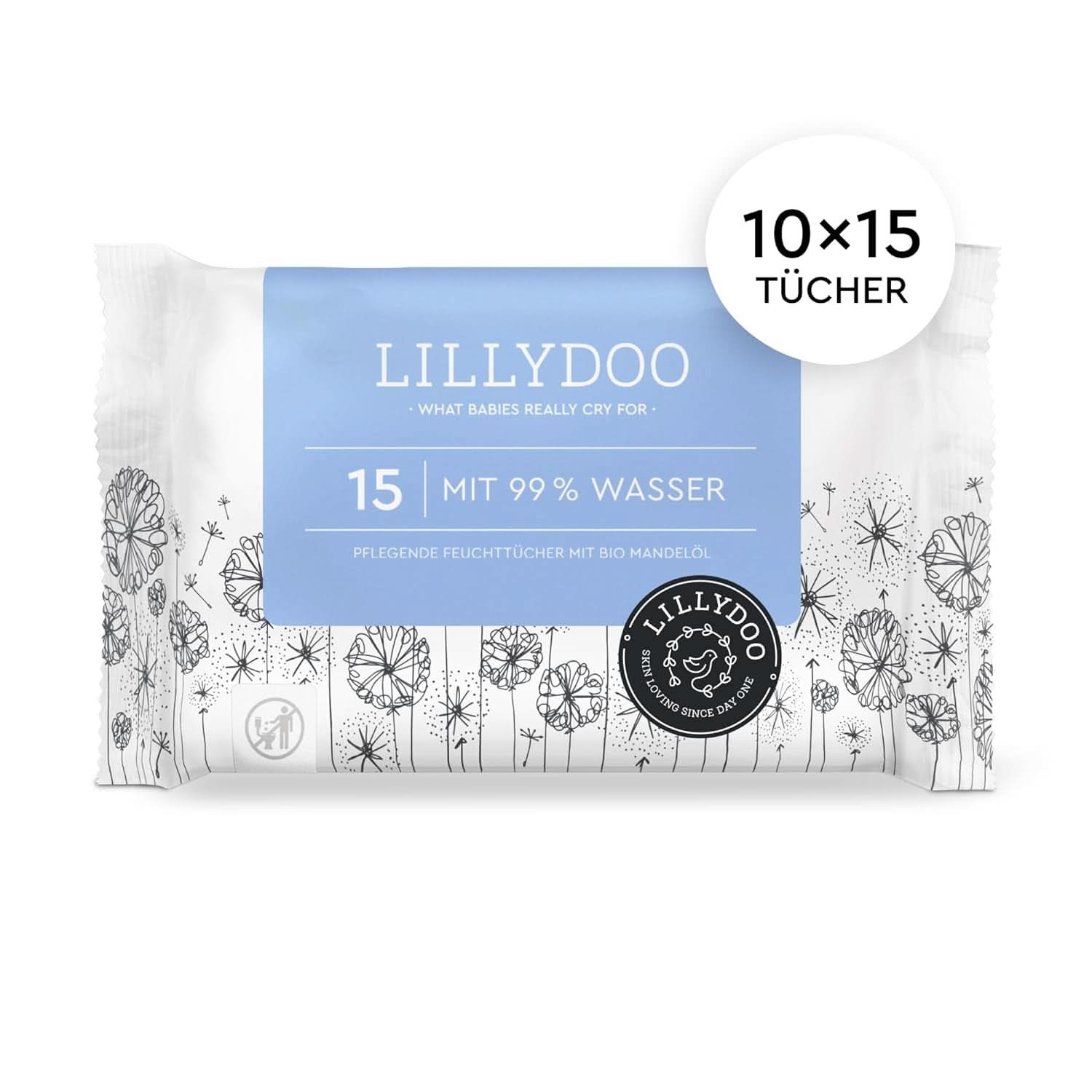 LILLYDOO Baby Feuchttücher Mit 99% Wasser, 10 X 15 Stück (150 Feuchttücher), 100% Plastikfreies Tuch, Ohne Parfüme & Mild Wie Watte Und Wasser (FSC Mix) Lingettes humides pour bébé Naty Shop