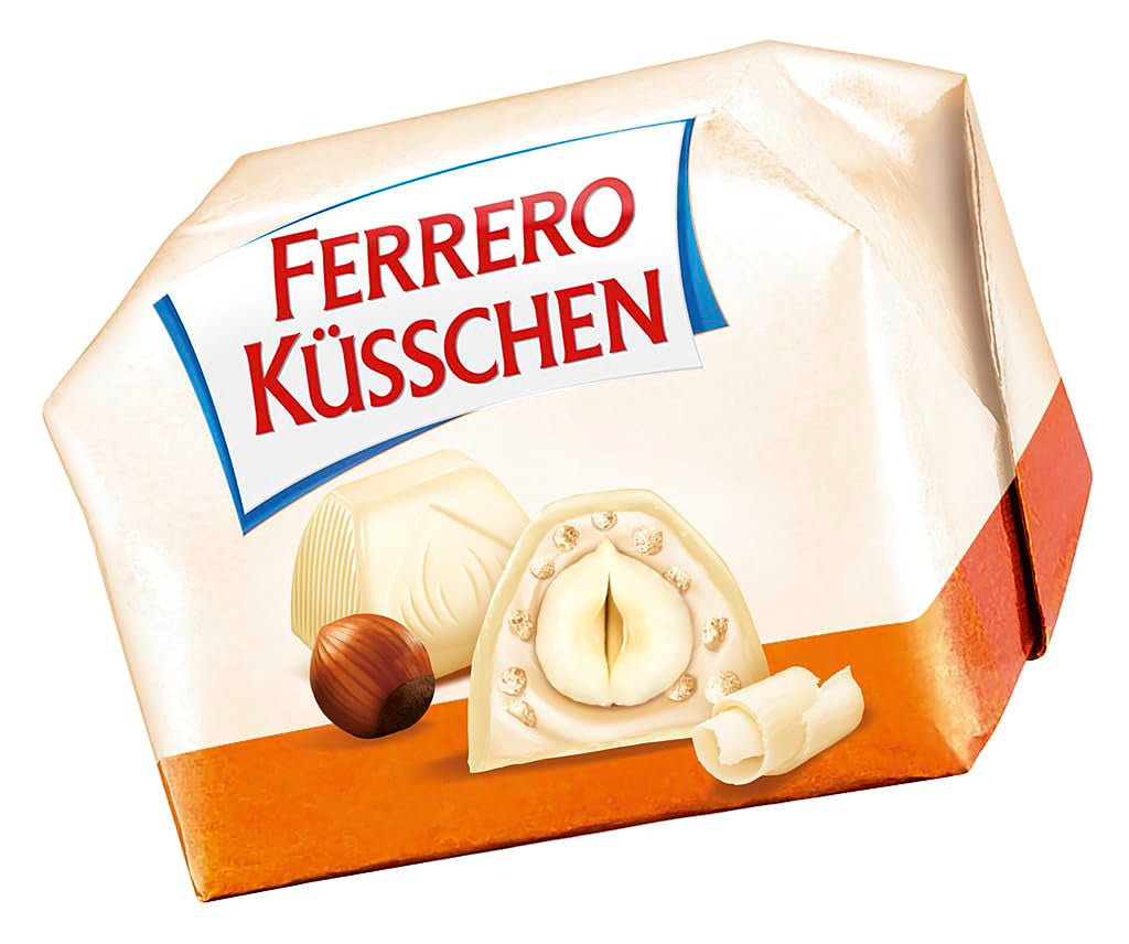 Ferrero Küsschen White Crispy - Cadeau de Saint-Valentin pour elle et lui - Noisettes grillées croustillantes à la crème légère avec éclats croustillants, enrobées de chocolat blanc, 1 paquet de 20 pralines individuelles