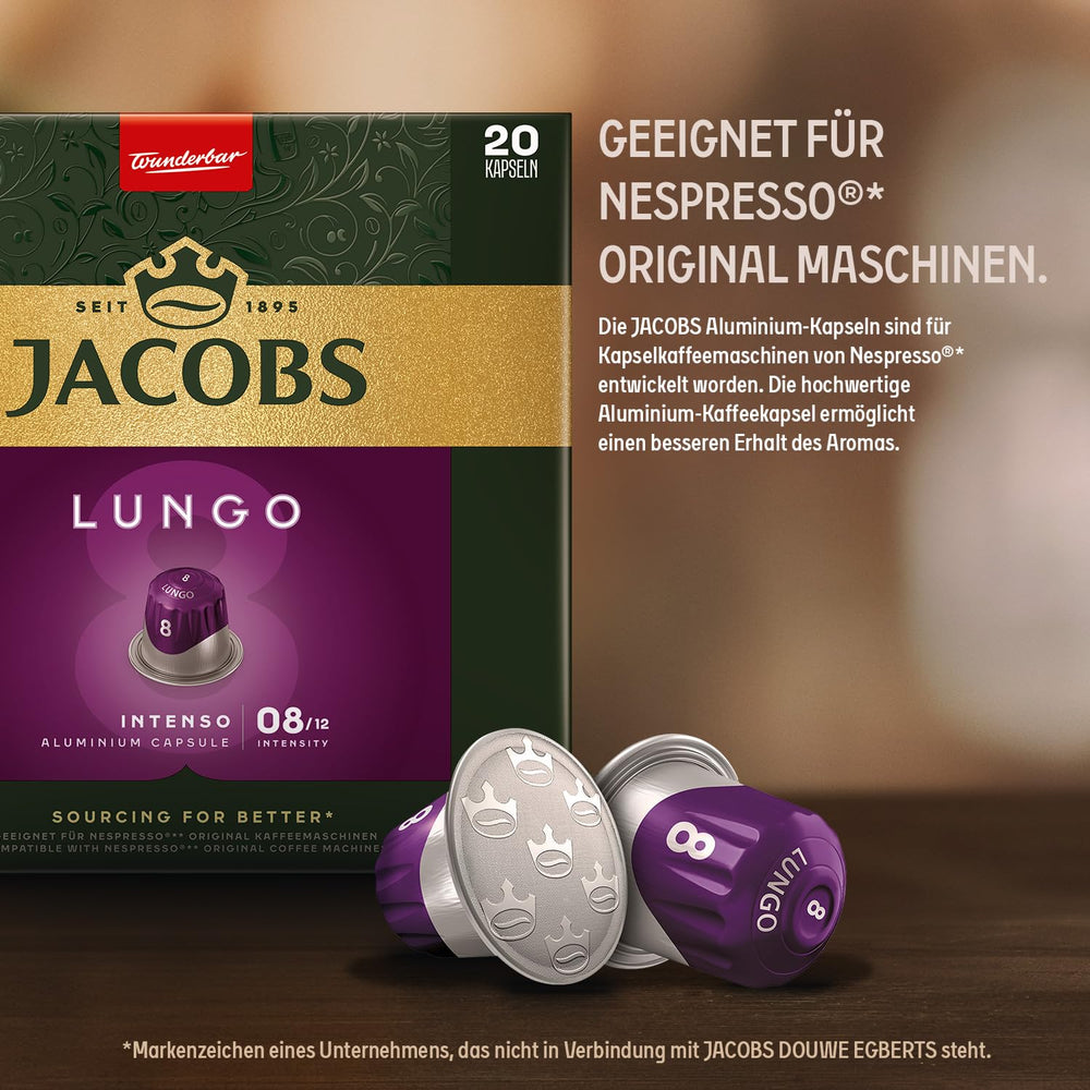 Jacobs Capsules de café Lungo Intenso, Intensité 8/12, 10 x 20 tasses, Capsules de café compatibles Nespresso*, 200 capsules