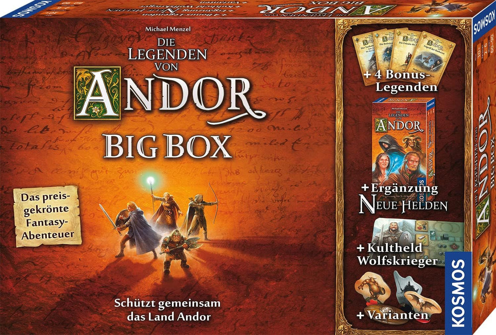 Kosmos 683122 Legends of Andor – Big Box, jeu de base (Kennerspiel des Jahres 2013) et extensions supplémentaires, Fantasy Classic, jeu de société coopératif Fantasy, à partir de 10 ans