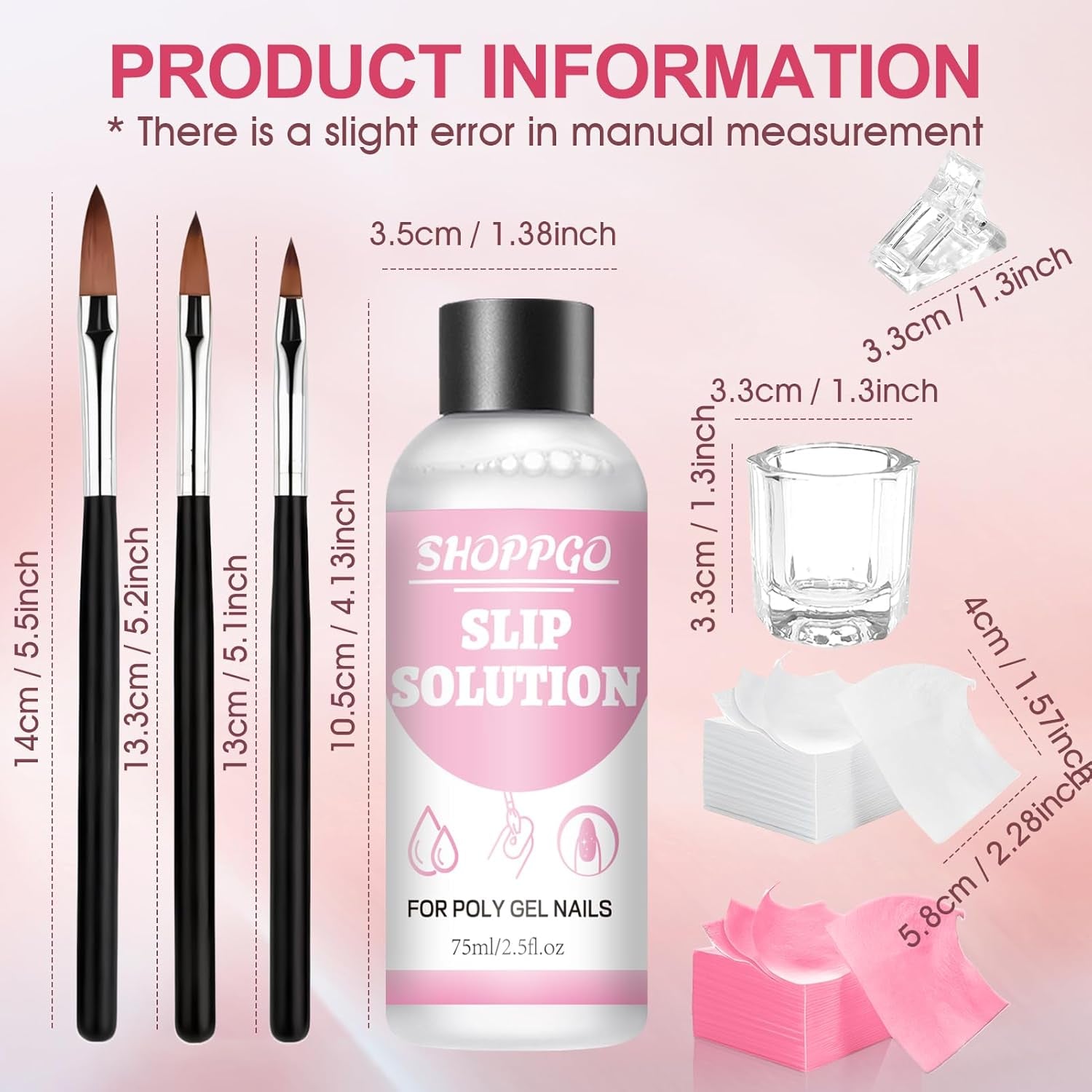 Solution de lissage Polygel, kit de solution de glissement Polygel, solution de lissage 75 ml, comprend 5 pinces à ongles, 3 brosses à ongles, 1 tasse en cristal, 100 feuilles de nettoyage