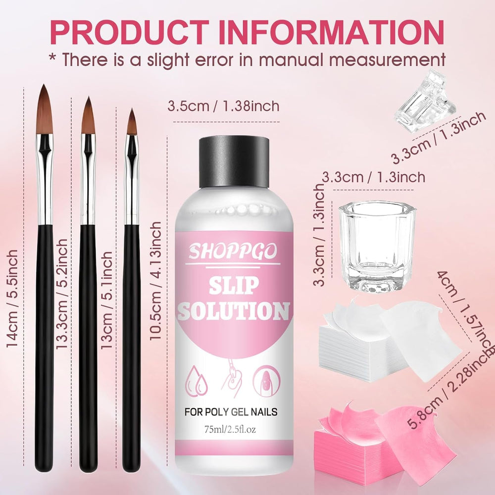 Solution de lissage Polygel, kit de solution de glissement Polygel, solution de lissage 75 ml, comprend 5 pinces à ongles, 3 brosses à ongles, 1 tasse en cristal, 100 feuilles de nettoyage