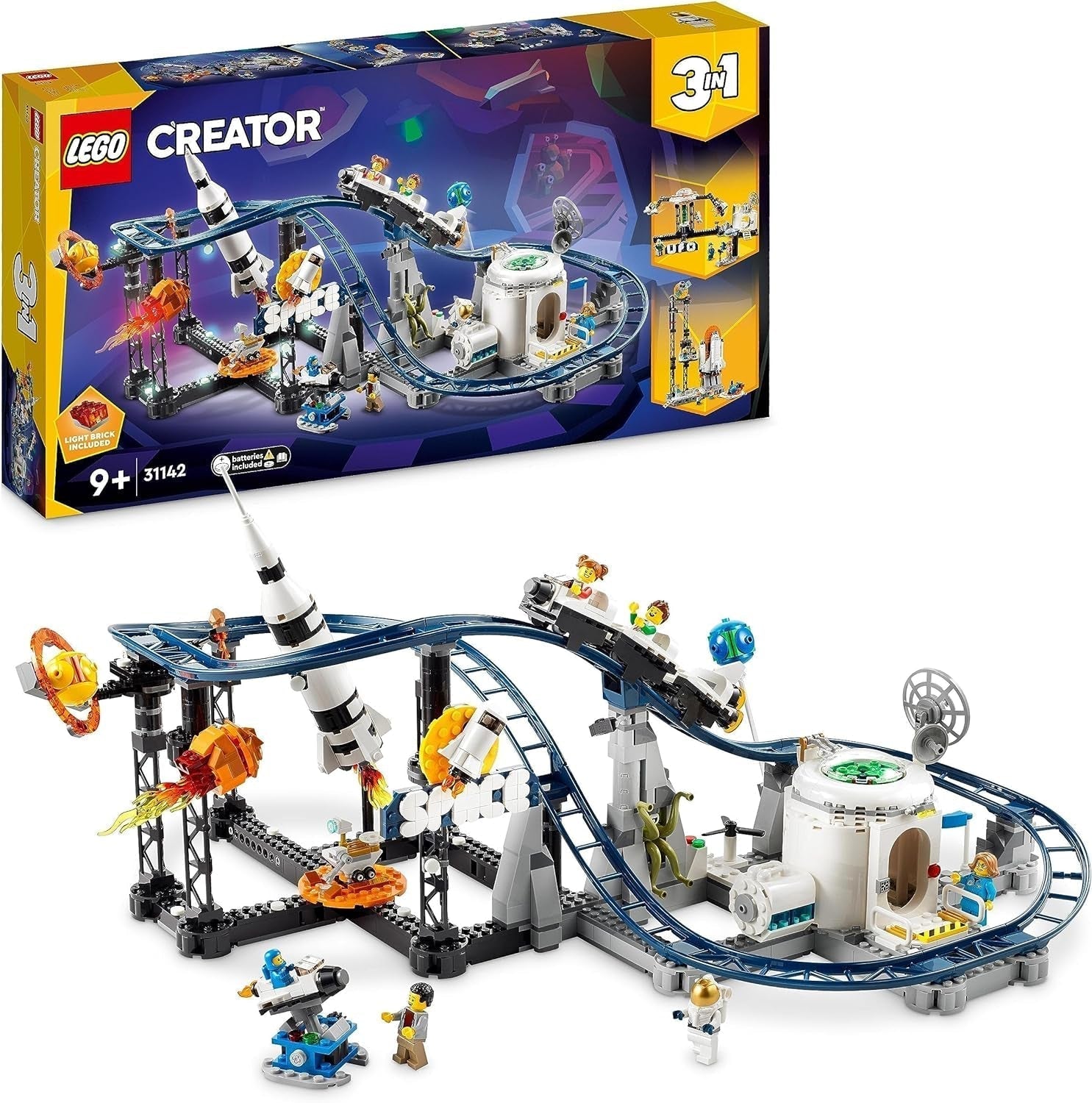 LEGO 31142 Creator Kit de jouets de montagnes russes spatiales 3 en 1 pour tout-petits avec chariots fonctionnels, se transforme en tour à chute libre ou en carrousel avec des fusées et des briques lumineuses. Besuche den LEGO-Store Single