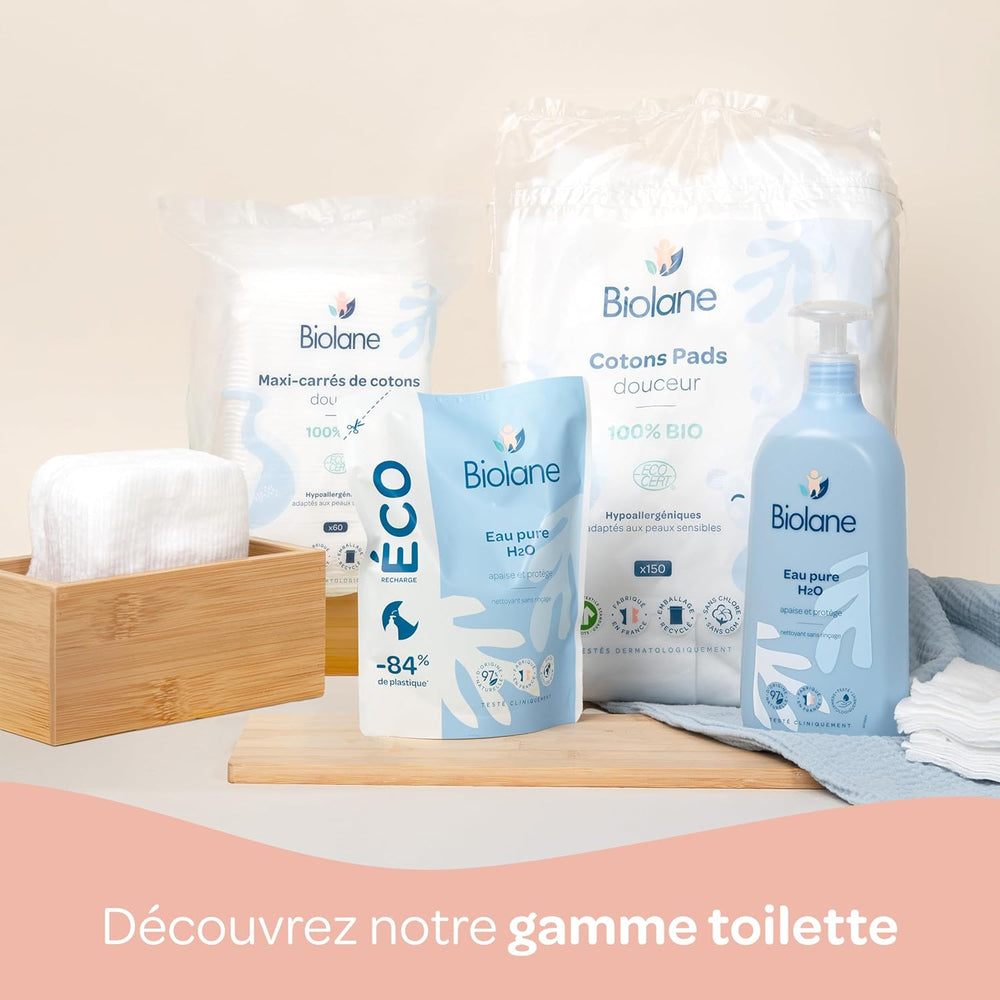 BIOLANE 12 Serviettes Humides Maxi Carrés - Bébés - 100% Bio - 720 Coton - pour peaux sensibles - Change et Toilette - dès la naissance - fabriquées en France