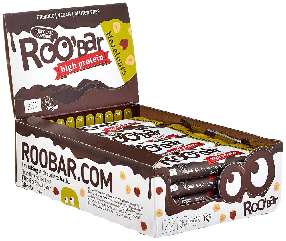 Barres aux noisettes glacées au chocolat riches en protéines - 100 % biologiques, végétaliennes, barres de fruits, sans produits laitiers, sans gluten, sans sucre raffiné - 16 barres x 40 g