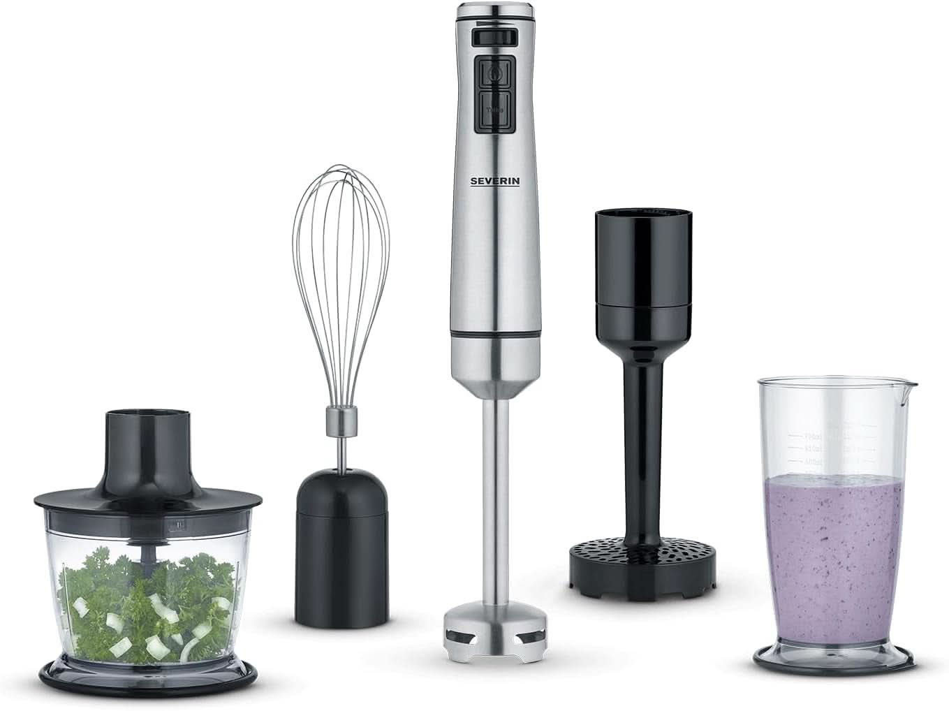 SEVERIN Kabelloser Stabmixer Mit Premium-Set, Abnehmbarer Mixstab, Mit Pürierstab, Multizerkleinerer, Mixbehälter, Kartoffelstampfer & Schneebesen, Schwarz/Edelstahl-Gebürstet, SM 3775 Mother and Child Naty Shop 1 000 W Inkl. Accessoires Premium