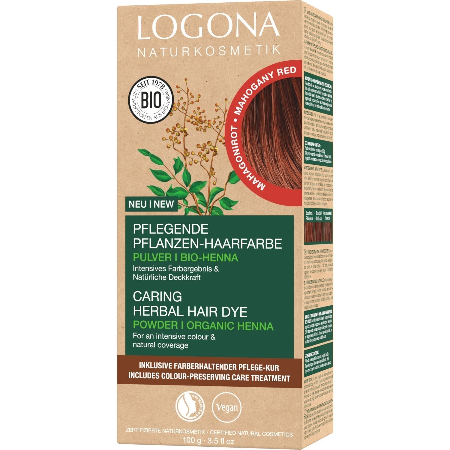 LOGONA Natural Cosmetics Teinture capillaire nourrissante à base de plantes, teinture capillaire végétalienne en poudre de henné biologique pour une couleur et une brillance intenses, teinture capillaire à base de plantes en blond cuivré (blond), 1 x 100 g Naty Shop Coloration capillaire rouge acajou 100 g (1 paquet)
