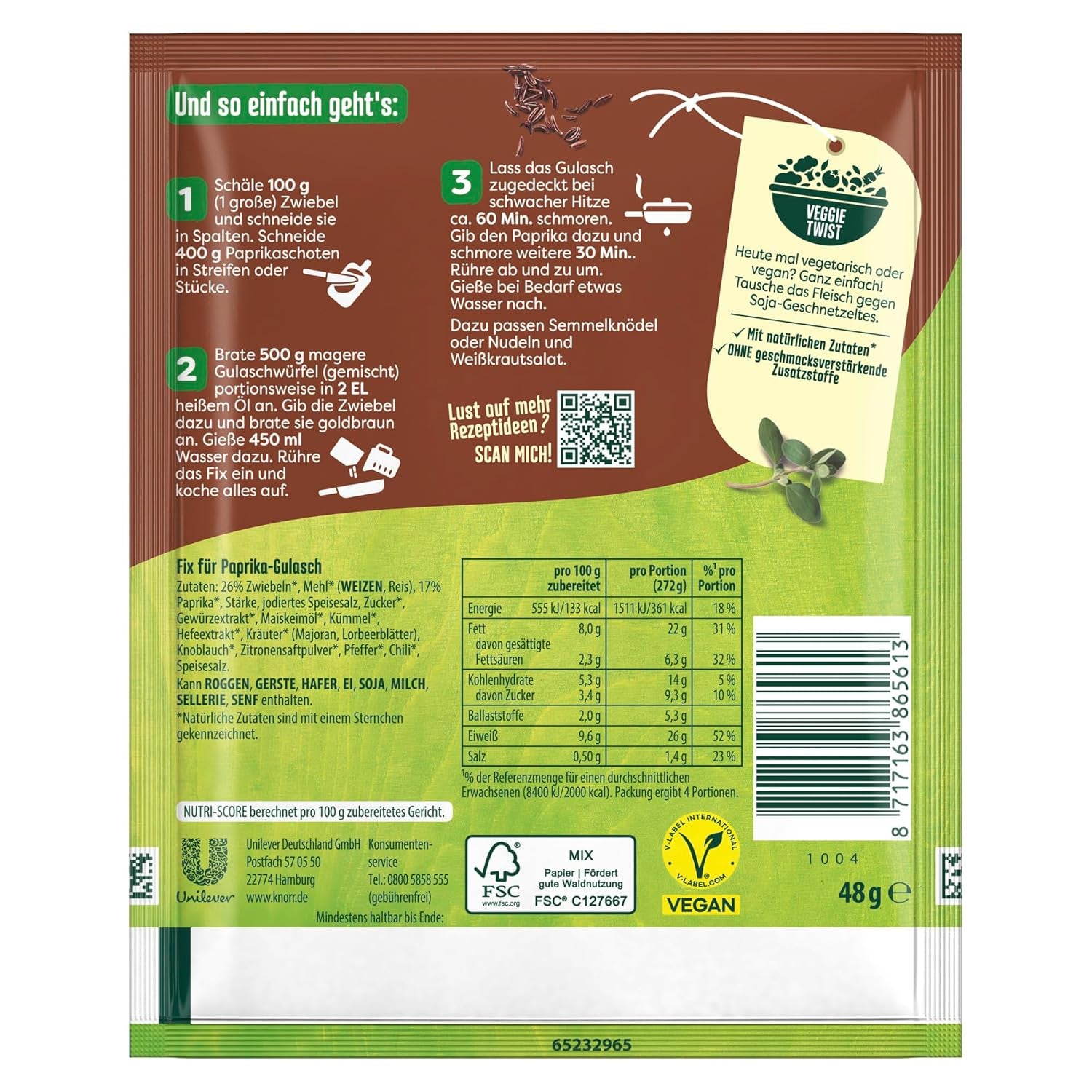 Knorr Fix Würzmischung Paprika-Gulash pour un leckeres Fleischgericht avec des ingrédients naturels 4 portions