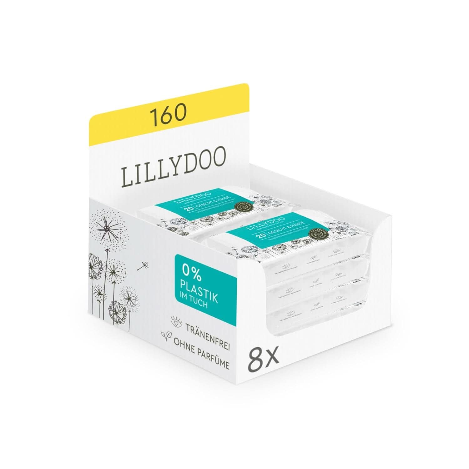 LILLYDOO Feuchttücher Gesicht & Hände 160 Stück (8 X 20), 100% Plastikfrei Naty Shop