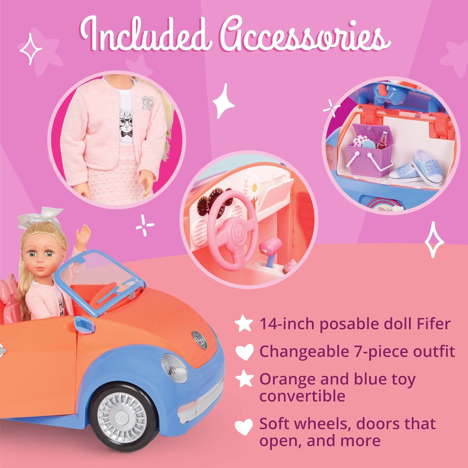 Glitter Girls - Fifer & GG Cabrio - 36 cm Puppe & Fahrzeug-Paket - Orangefarbener Oldtimer - 3 ans +