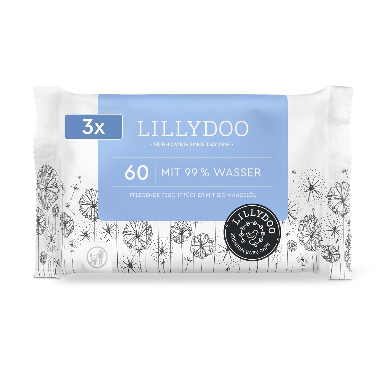 LILLYDOO Lingettes humides vertes, 600 unités (10 x 60), 100 % sans plastique, résistantes aux déchirures – Sans parfum, douces et naturelles, nettoyage doux pour les peaux sensibles, testées dermatologiquement