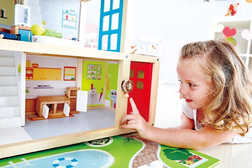 Hape Doll's Villa Maison de poupée en bois de 10 pièces, jeu de rôle créatif comprenant des meubles et des accessoires, jouet éducatif pour 3 ans et plus