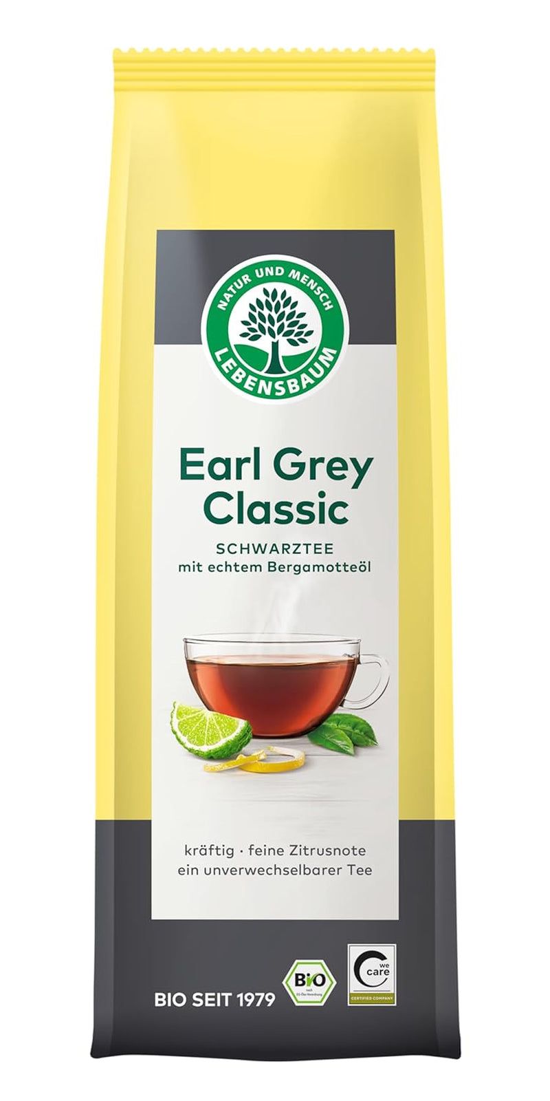 Lebensbaum Earl Grey Classic, ceai negru cu ulei natural de bergamotă și lămâie, armonios, aromat, 100% organic, vrac, 100 g