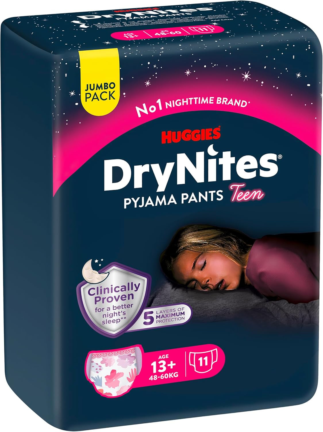 Huggies DryNites Couches d'énurésie nocturne pour filles de 13 à environ 17 ans (48-60 kg) 33 pièces (3 x 11) Pack mensuel Jumbo Couches XL
