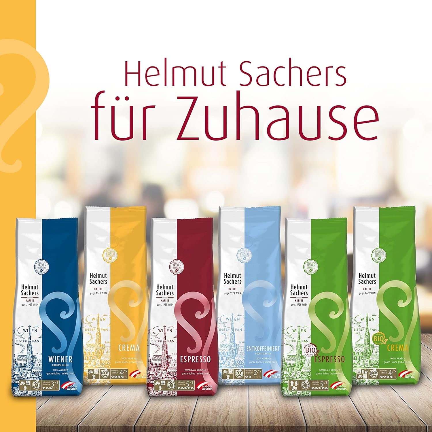 Café Helmut Sachers - Crème, Force 4/5, 100% Arabica, grains de café entiers, 6 x 500g