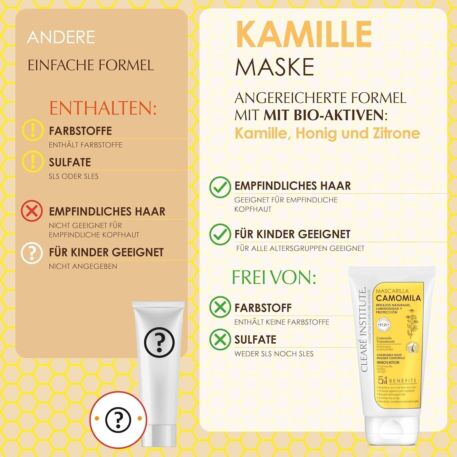 Institut Clearé | Masque à la camomille | Nourrit, conditionne et démêle | Brillance et brillance dorées | 97% d'ingrédients naturels | Apaise le cuir chevelu À l'extrait de camomille | Masque capillaire Naty Shop 150 ml