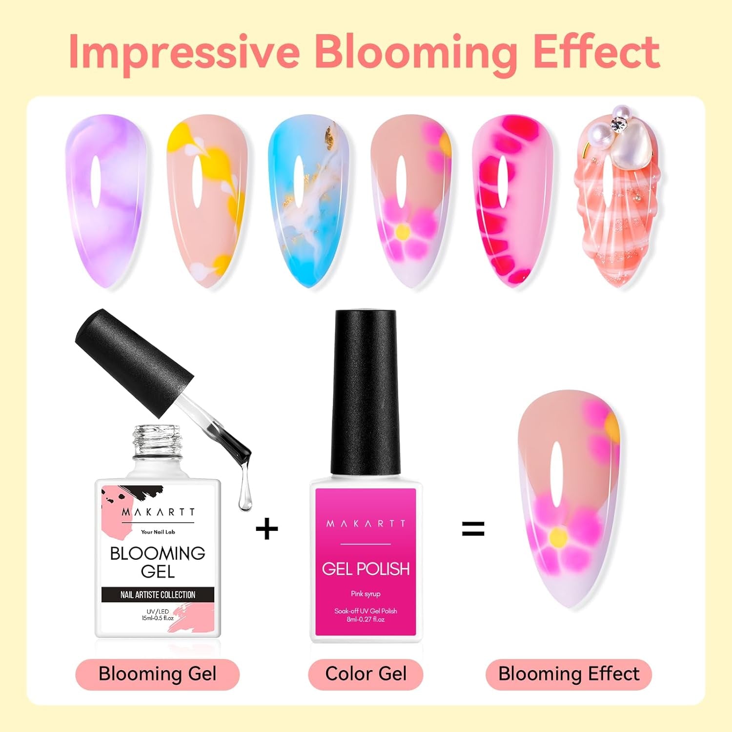 Oja gel Makartt Blooming - 15 ml Gel Blooming pentru întinderea ojei cu culoarea marmoră, vopsea gel, modele de unghii pentru manichiură DIY, flori, animale, acuarelă, kit magic pentru manichiură